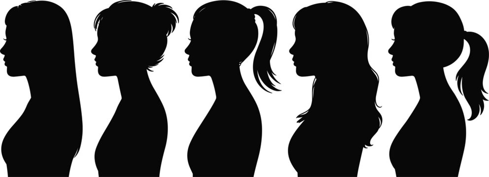 Five black silhouettes of women in profile view, showcasing various hairstyles including ponytails, buns, and long loose hair, isolated on a white background for