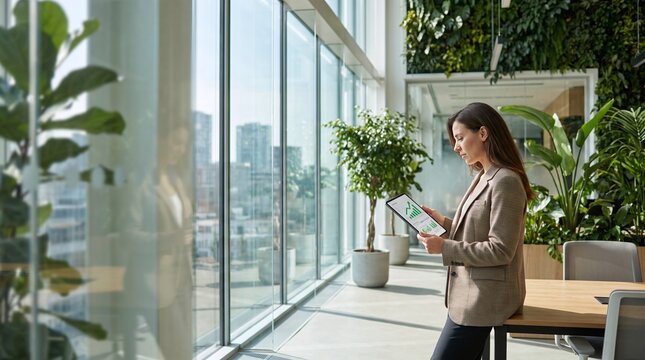 Focused Young Entrepreneur Interacting with Digital Tablet in Modern Eco Friendly Office Space