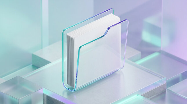 Futuristic 3D glass folder icon filled with paper documents on a translucent geometric pedestal background with holographic lighting and iridescent edges in soft pastel colors.