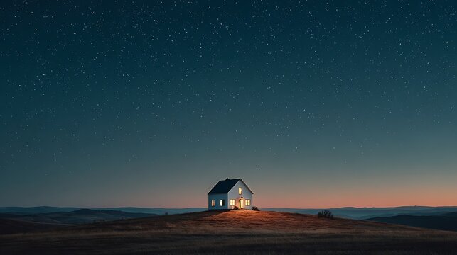 Cozy House on a Hill Under Starry Night Sky and Sunset
