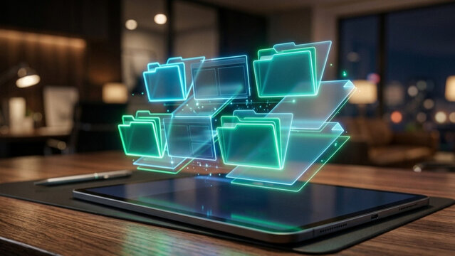 3D holographic digital folders in glowing neon green and cyan floating above a tablet screen on a wooden desk in a dark office, depicting cloud storage and file management.
