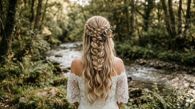 A woman with a pretty braiding hairstyle and blond hair in a nature landscape.