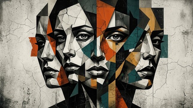 A wallpaper illustration featuring an abstract faces collage in a dramatic mood.