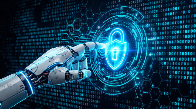 Robotic hand touching a glowing digital padlock shield icon on a background of binary code and circular UI elements, representing AI-driven cybersecurity and data protection.