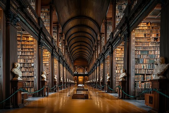 Historic Grand Library Hall with Ancient Wooden Bookshelves