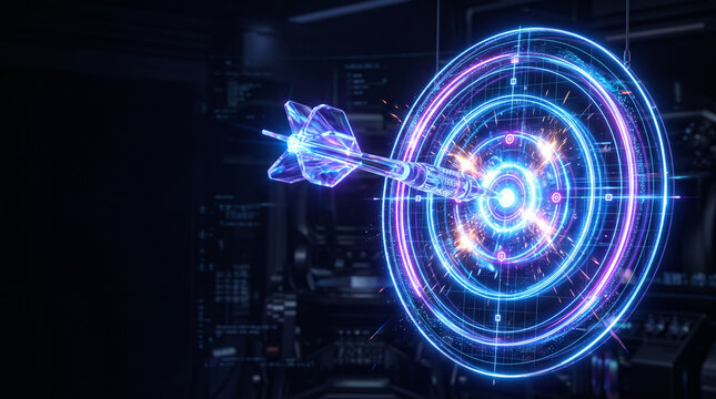 A digital 3D rendering of a glowing glass dart hitting the center bullseye of a neon blue and purple holographic target board with light sparks and technical interface elements.