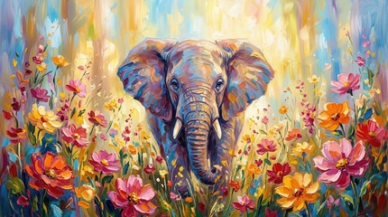 Obraz premium An artistic colorful elephant portrait surrounded by blooming flowers.