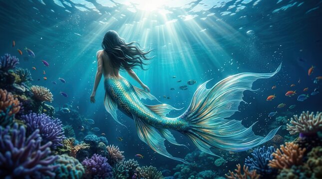 Ethereal mermaid swimming deep underwater as light rays shine through the ocean surface.