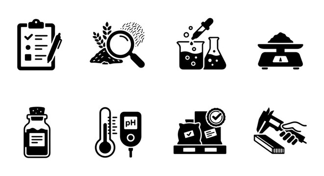Quality Control Icons, Laboratory Testing Symbols, Scientific Research Icons, Industrial Measurement Icons