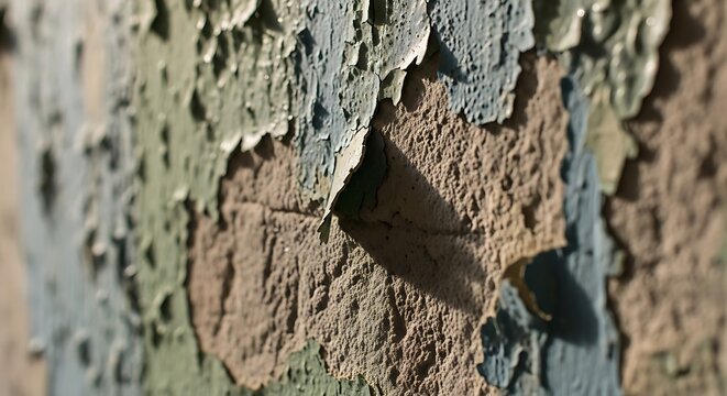 Extreme close up of weathered wall surface with cracked and peeling layered