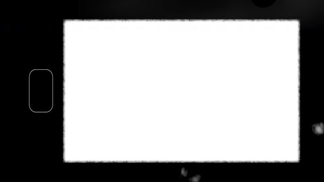 Retro super 8mm film frame border with sprocket hole and white overexposed screen for video overlay, alpha channel for retro cinematic video editing
