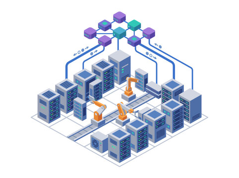 3D isometric cloud data center with automated servers and network infrastructure in futuristic layout