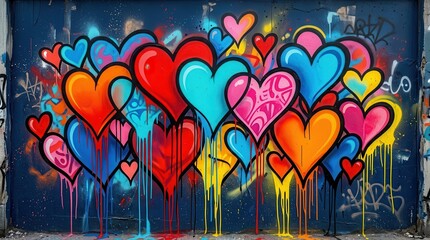 Fototapeta premium Vibrant heart pattern street art graffiti background in various colors.