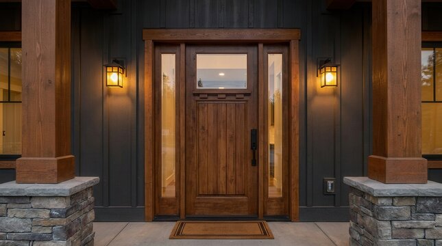 A classic wooden front door featuring sidelites and warm exterior lighting.