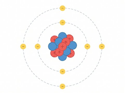 Educational atomic structure diagram showing nucleus with protons and neutrons surrounded by electron orbits atom model physics diagram scientific illustration chemistry icon neutrons electrons