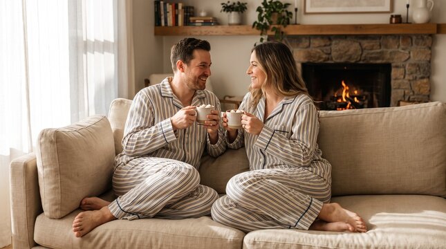 Couple in Matching Pajamas Toasting Mugs by Fireplace