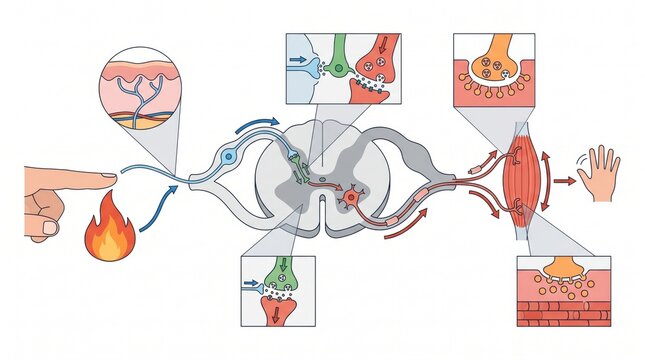 Scientific diagram explaining the human nervous system reflex arc response to a painful stimulus with neural pathway spinal cord medical illustration human anatomy pain reflex sensory neuron