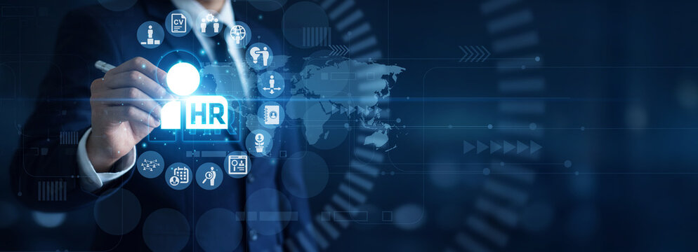 Staffing solutions. Recruiter point of Human Resources tracking corporate talent acquisition and employee engagement metrics on smart screen. Team building and personnel.