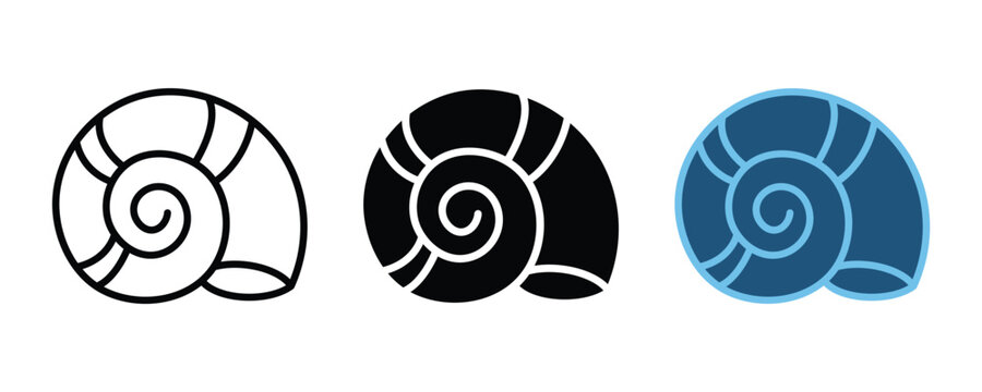 Spiral Seashell Icon Set with Outline, Solid Black, and Blue Vector Designs for Marine Projects
