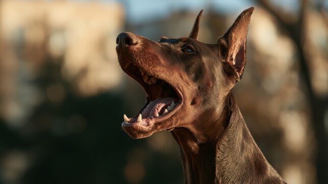 Close-up of alert brown dog with open mouth and erect ears showing teeth outdoors in soft natural daylight with blurred background