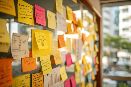 Sticky Notes with Lightbulb Idea on Glass Wall Office Brainstorming