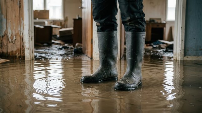 Close up of a person in rubber boots standing in flood water inside a home.