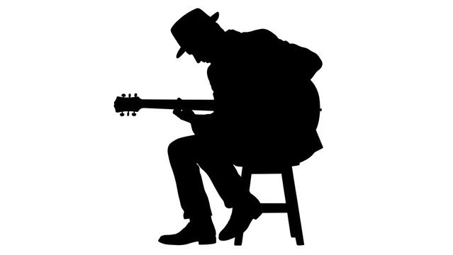 Silhouette of man playing guitar on stool white background.