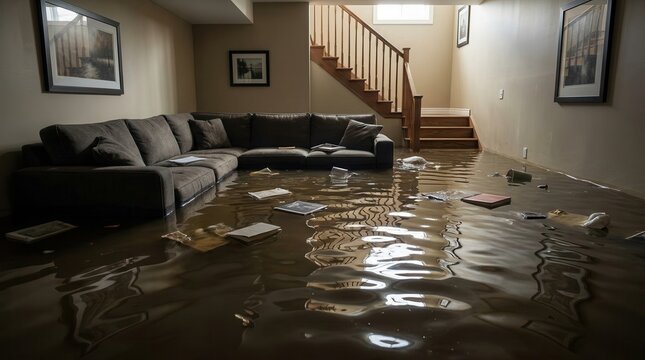 Living area in a basement experiencing severe water damage from flooding.