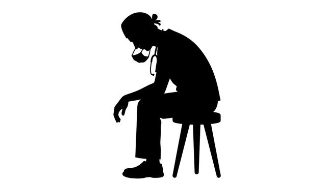 Silhouette of man sitting on stool white background.