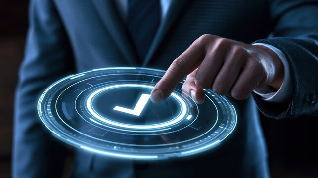 Businessman using futuristic digital interface with holographic checkmark icon and abstract technology elements in modern corporate environment