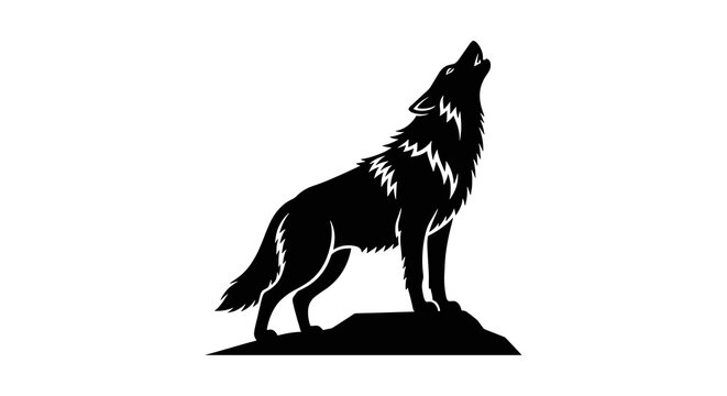 Black silhouette of a wolf howling on a mountain peak, tribal animal icon for outdoor gear