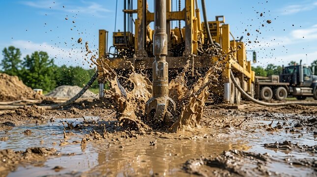 Drilling mud discharge and splashing during the construction of artesian wells.