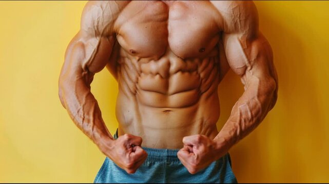 Muscular man showing abs in front of a yellow wall during daytime