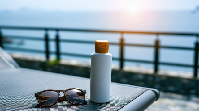 Stylish beach lounger with sunscreen bottle and sunglasses overlooking sunlit ocean, creating calm summer travel scene for seaside relaxation and skincare
