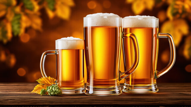 Beer mug beer beverage autumn wooden bench foam amber glass still life Three beer mugs of different sizes on long wooden bench blu deb cd c e gigapixel standard v x