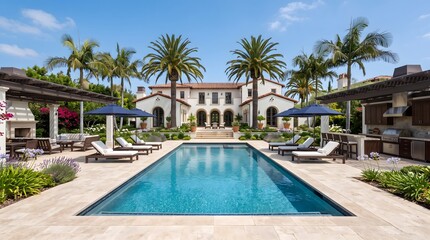 Fototapeta premium Luxury Mansion With Swimming Pool And Palm Trees