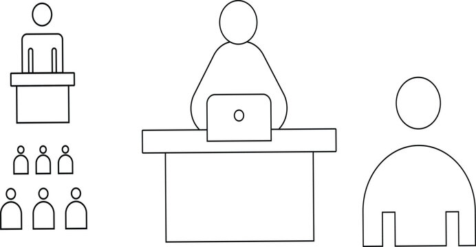 Business Presentation and Office Work Vector Line Icon Set Illustrating Workspace and Speaker