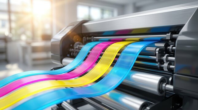 Large format photocopier and industrial printer machine with vibrant color ribbons.