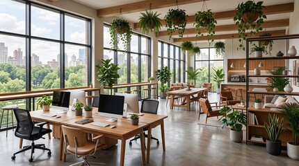 Fototapeta premium Modern biophilic open plan office workspace with hanging indoor plants and large city view windows