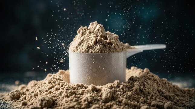 Sports nutrition whey protein powder scoop overflowing with powder and banner copy space.