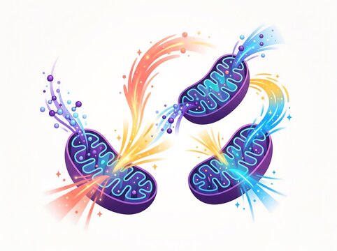 Colorful mitochondria organelles illustration showing cellular respiration and energy production with cell structure cell biology citric acid cycle oxidative phosphorylation genetic material