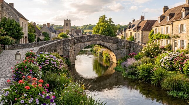 Historic stone bridge over calm river in Castle Combe Cotswolds village England