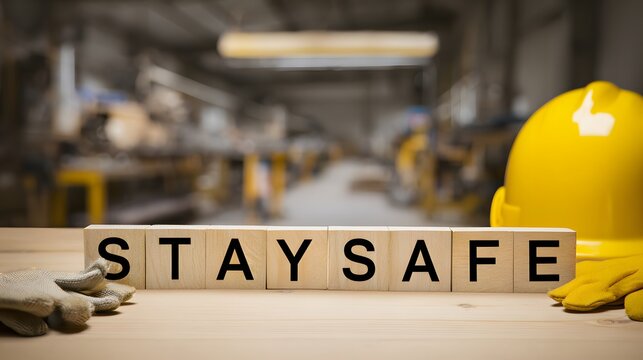 Stay Safe wooden letter blocks with yellow hard hat in industrial workplace.