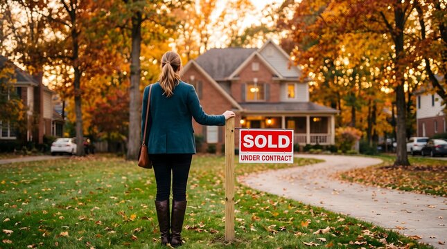 Woman standing by sold sign in front of autumn home