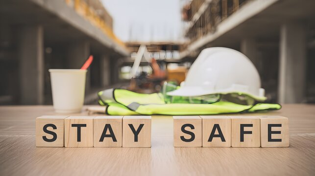 Stay Safe wooden letter blocks with white hard hat and safety vest at construction site.