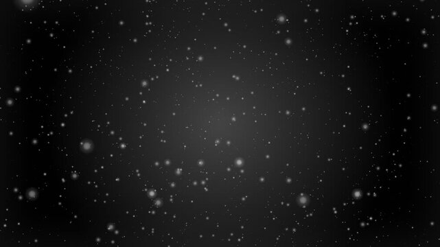 Luminous white particles and glowing soft bokeh specks floating gracefully across a deep black void in a mesmerising abstract night sky space animation, ideal for elegant motion overlays.