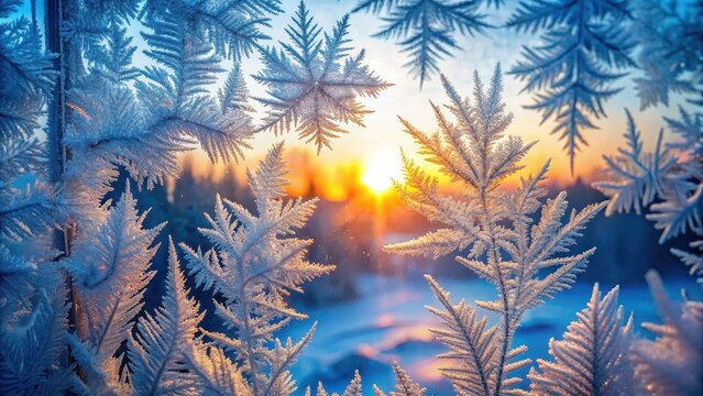 Beautiful winter morning frost macro ice and snowflake patterns on blue sunrise window