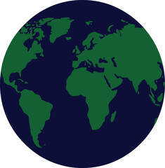 Obraz premium A stylized graphic illustration of the planet Earth showing continents in green against a dark blue ocean background.