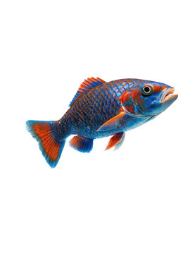Vibrant blue and orange reef fish swimming in profile isolated on a transparent background