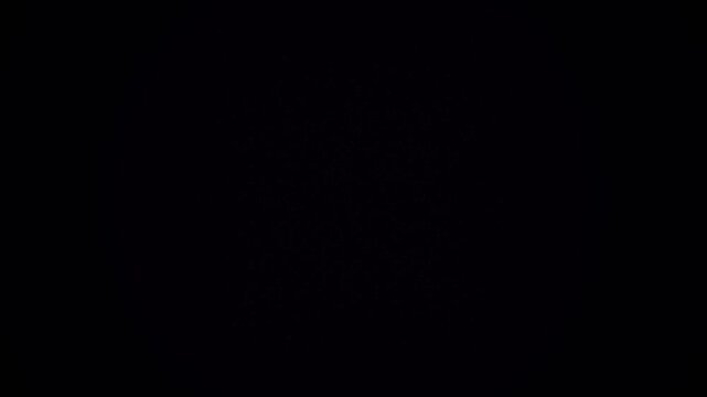 Abstract floating dust particles shimmering in pitch black darkness, creating atmospheric bokeh motion overlay, dark ambient sparkling light motes, cinematic mystery background shot.